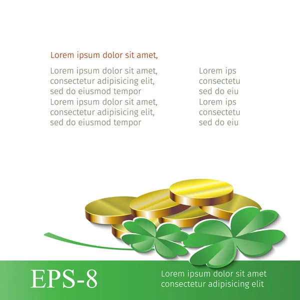 Moeda e trevos isolados sobre um fundo branco. Ilustração para cartões do dia de St. Patricks, e projetos da Web . —  Vetores de Stock