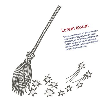 Broom sweeps the stars. Cleaning in the spirit, Black and white vector sketch clipart