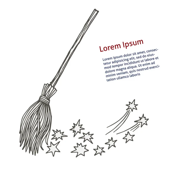 Broom sweeps the stars. Cleaning in the spirit, Black and white vector sketch — Stock Vector