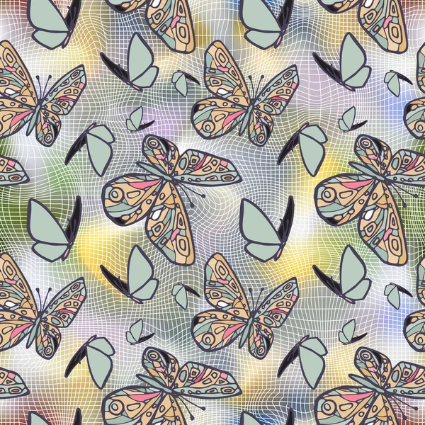 Vector seamless texture with butterflies, distorting net space. — Stock Vector