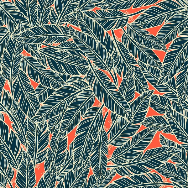 초록 깃털 패턴입니다. 완벽 한 패턴입니다. 빨간색 바탕에 어두운 깃털. — 스톡 벡터