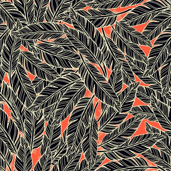 Абстрактный рисунок перьев. Бесшовный шаблон. Черное перо на красном фоне . — стоковый вектор