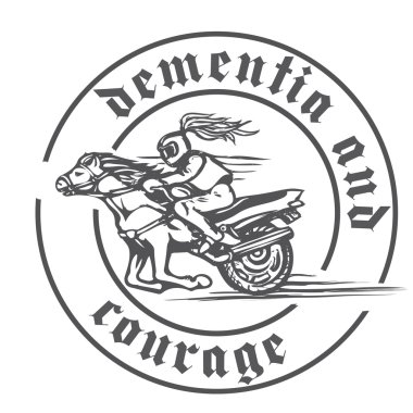 Amblemi ile bir at, motosiklet ve mizahi jant kitabe üzerinde bir binici