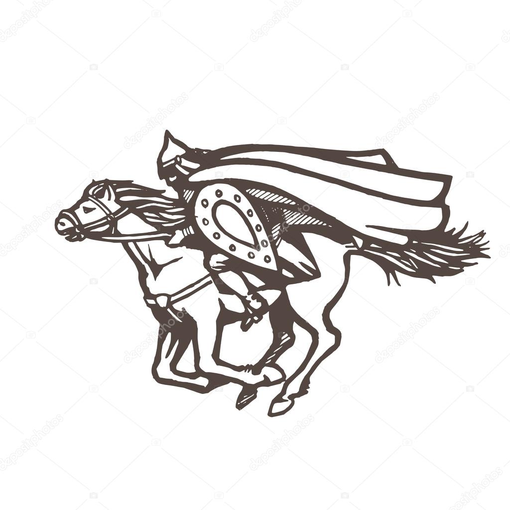 Sketch illustration of a galloping knight.