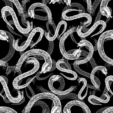 Seamless vector hand drawn pattern with white snakes on black background. vector