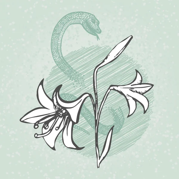 Lily y la serpiente con brote bosquejo bosquejo vector. Ilustración floral vintage . — Vector de stock