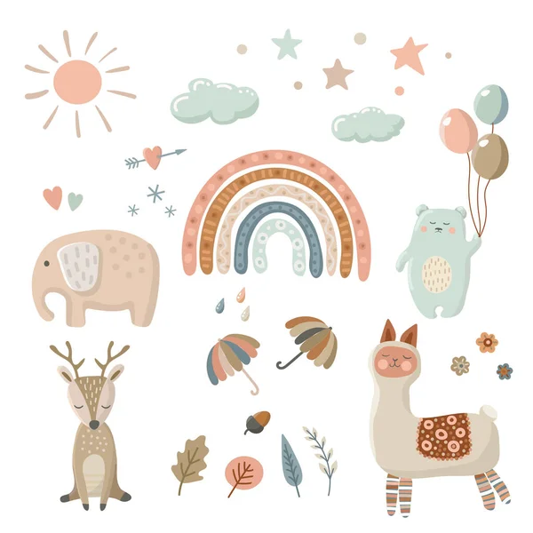 无缝隙图案 手绘滑稽熊 鹿和快乐的动物 — 图库矢量图片