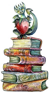 Güzel ejderha eski kitap yığınının üzerinde oturuyor.