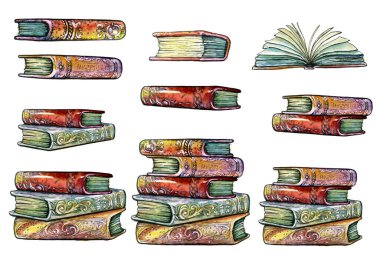Güzel renkli kapaklı eski kitap yığınları.