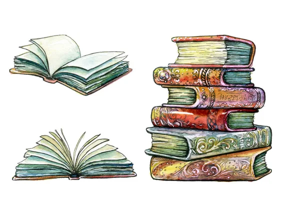 Güzel renkli kapaklı eski kitap yığınları.