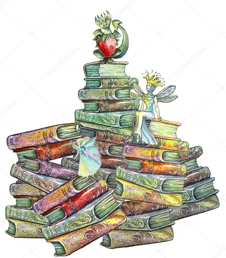 drawn beautiful  dragon with fairies sitting on the stack of old books