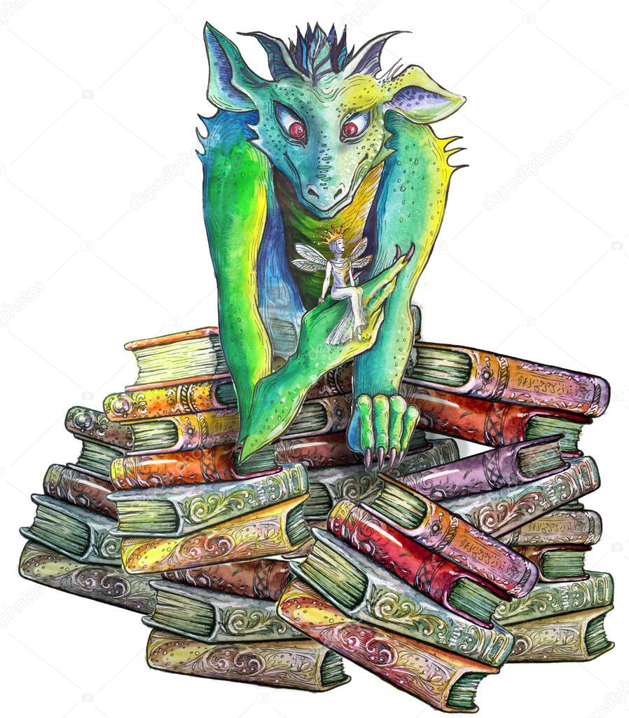 drawn beautiful dragon with a fairy sitting on the stack of old books