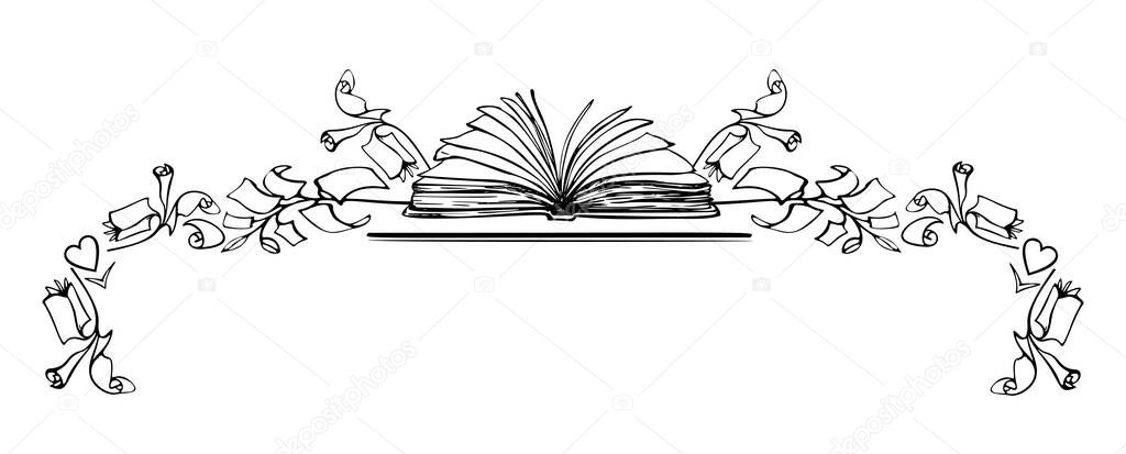 Fantasy with inspiration. the open book with plants on the sides, Sketch style vector illustration. Old hand-drawn engraving imitation