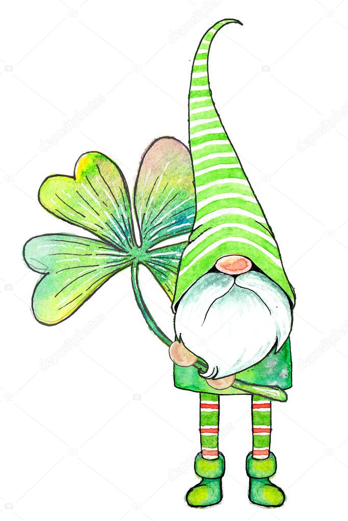 Cute little cartoon gnome in a green striped cap with a four-leaf clover leaf isolated on a white background 