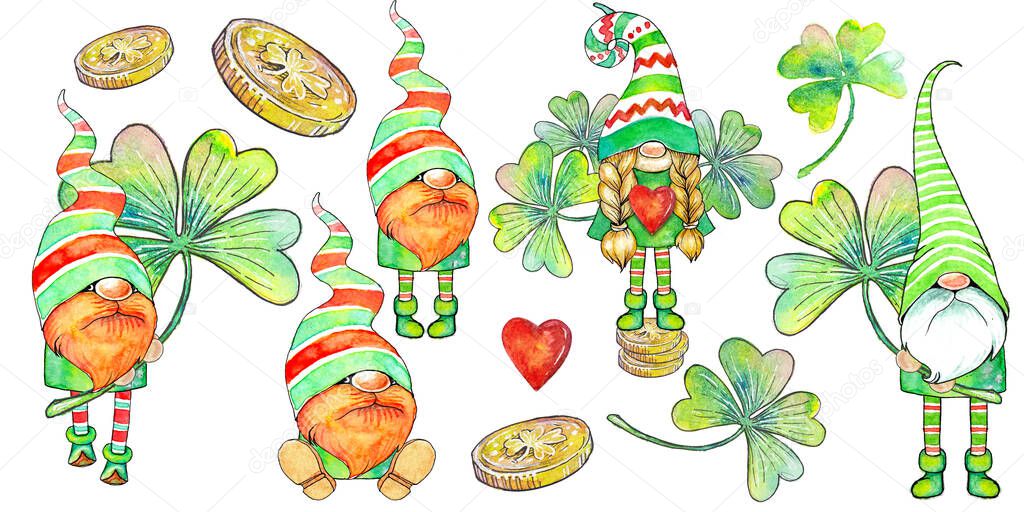 Set of Cute Cartoon St. Patrick's Day Gnomes with shamrock and gold coins isolated on a white background