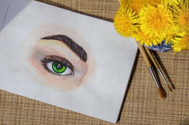 Yeşil kadın gözünün elle çizilmiş suluboya çizimi 