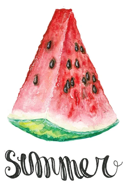  Beyaz arka planda karpuz diliminin elle çizilmiş çizimi. 