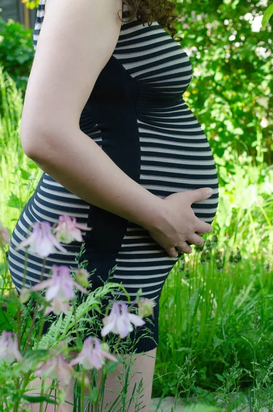 Έγκυος Γυναίκα Φόντο Πράσινων Φύλλων Ριγέ Φόρεμα Χέρια Στο Στομάχι — Φωτογραφία Αρχείου