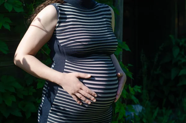 Mulher Grávida Fundo Folhas Verdes Vestido Listrado Com Mãos Estômago — Fotografia de Stock