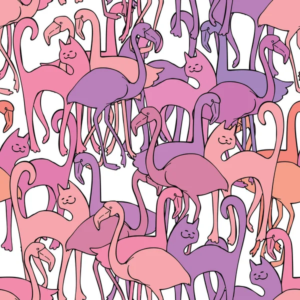 Векторная Бесшовная Текстура Розовыми Фламинго Кошками — стоковый вектор