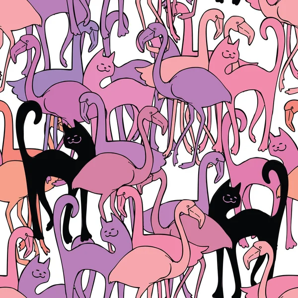 Векторная Бесшовная Текстура Розовыми Фламинго Кошками — стоковый вектор