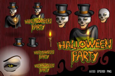 Şapkalı ve mumlu sevimli, gülümseyen kafatasları. Harflerle cadılar bayramı illüstrasyonu