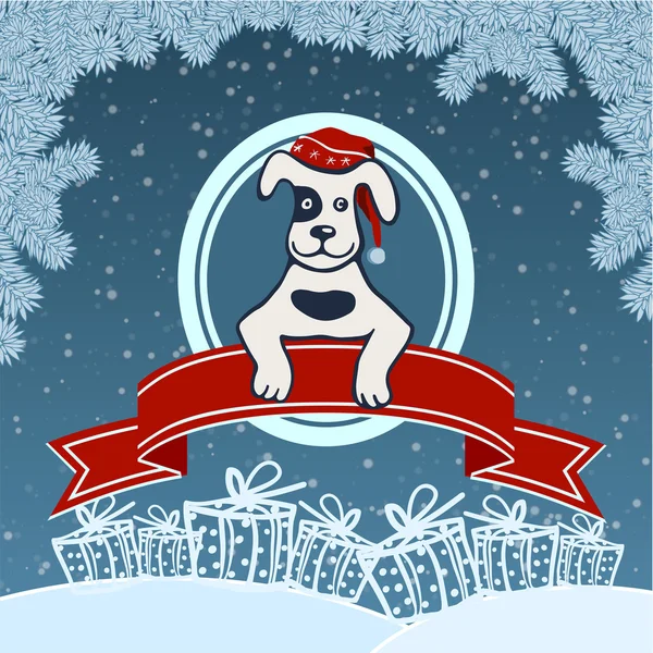 Câine în pălăria roșie de iarnă — Vector de stoc