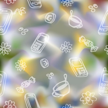 Mobil telefonları, tatlılar, bardak ve çiçekler arka plan.