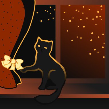Bir pencere pervazına üzerinde oturan siyah yavru kedi.