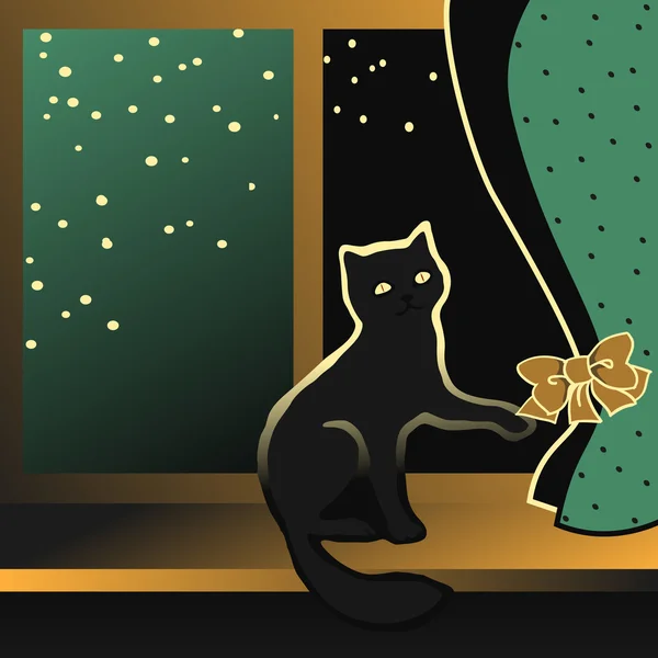 Gatito negro sentado en un alféizar de ventana . — Vector de stock