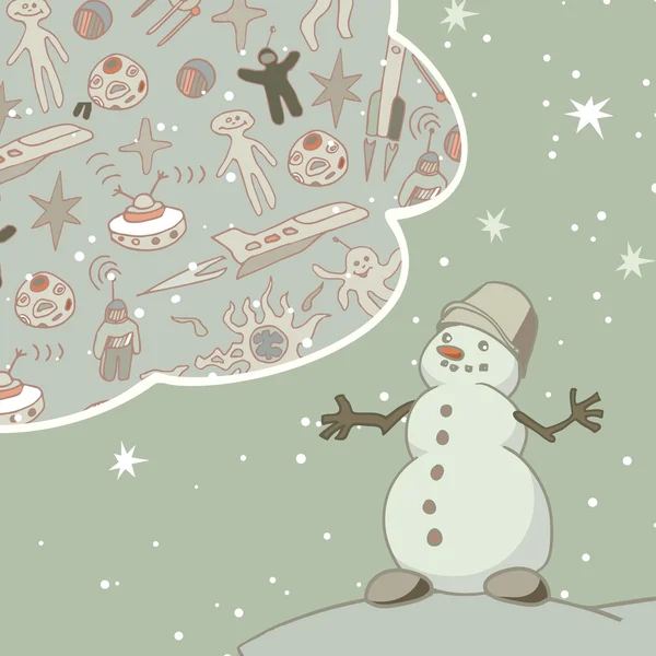 Joyful Snowman sueña con viajar en el espacio. Tarjeta de felicitación Vintage . — Archivo Imágenes Vectoriales