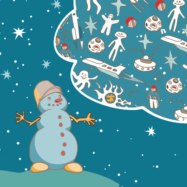 Joyful Snowman sueña con viajar en el espacio. Tarjeta de felicitación Vintage . — Vector de stock