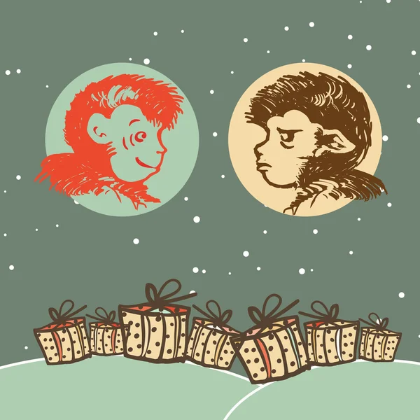 Croquis styl vecteur illustration de deux singes joyeux et joyeux, et l'inscription en 2016 avec un coffret cadeau . — Image vectorielle