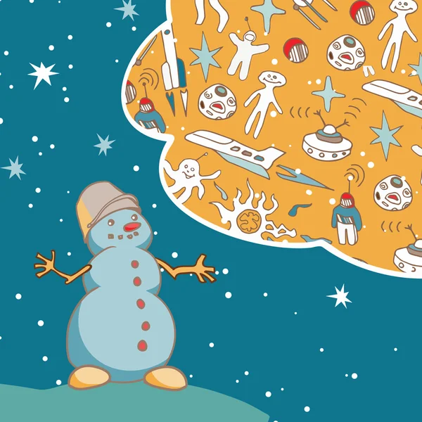 Joyful Snowman sueña con viajar en el espacio. Tarjeta de felicitación Vintage . — Vector de stock