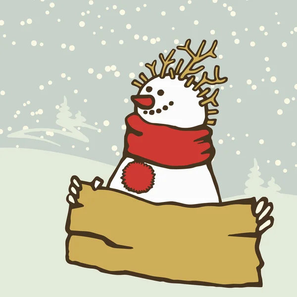 Muñeco de nieve usando una bufanda con un tablero para escribir . — Vector de stock