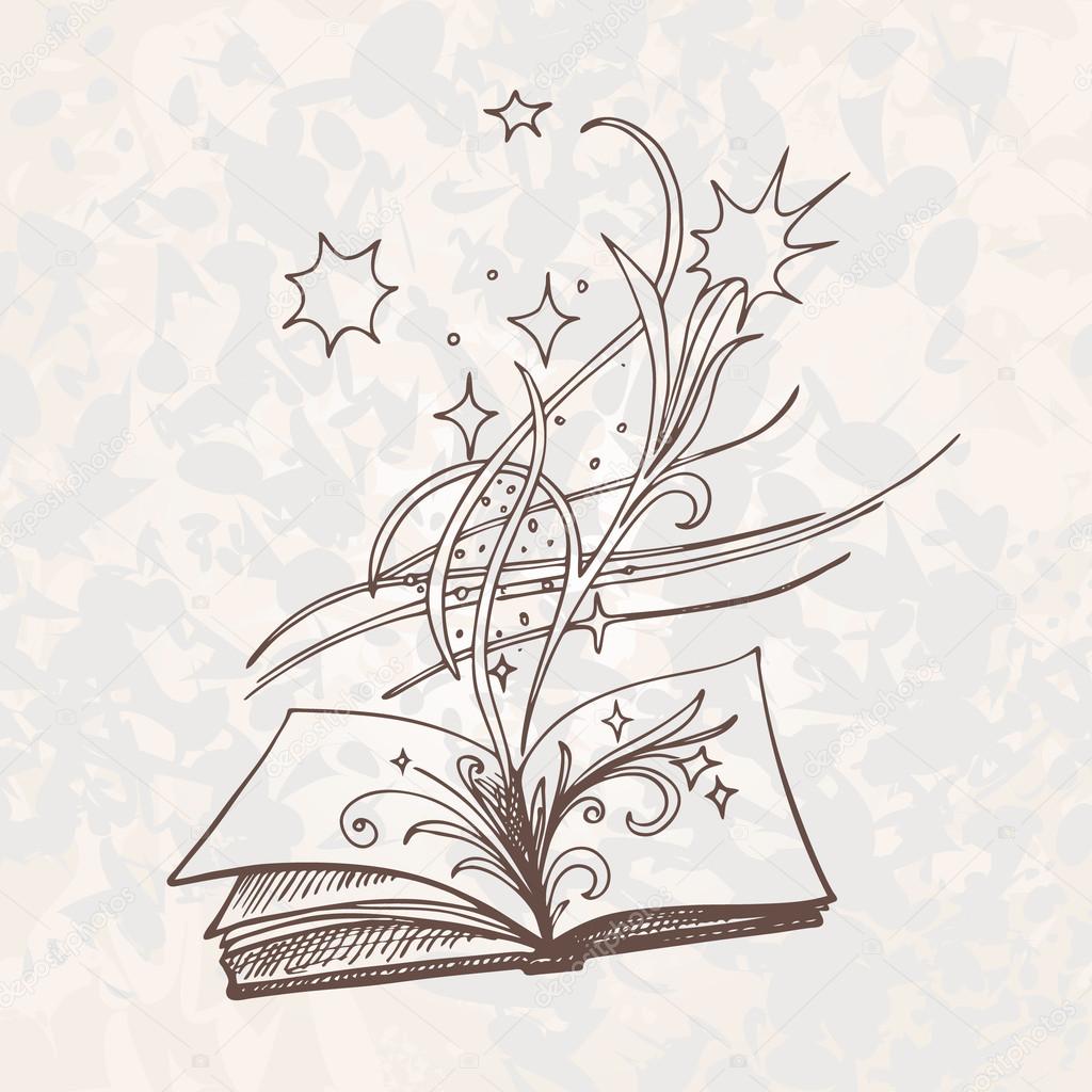 The book is fantasy.  Sketch style vector illustration. Old hand drawn engraving imitation.