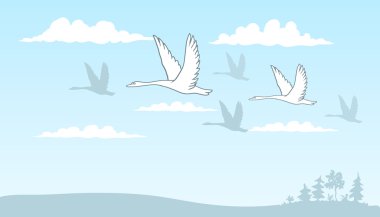 Bir grup mavi gökyüzü bulutlar arasında alan üzerinde uçan kuğu çizim vektör