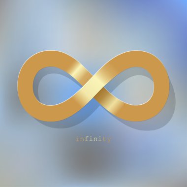 Sonsuzluk simgesi bir ışık mavi bokeh sis arka plan üzerinde altın.