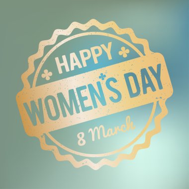 Happy Women's Day rubber stamp gold on a blue bokeh fog background. clipart