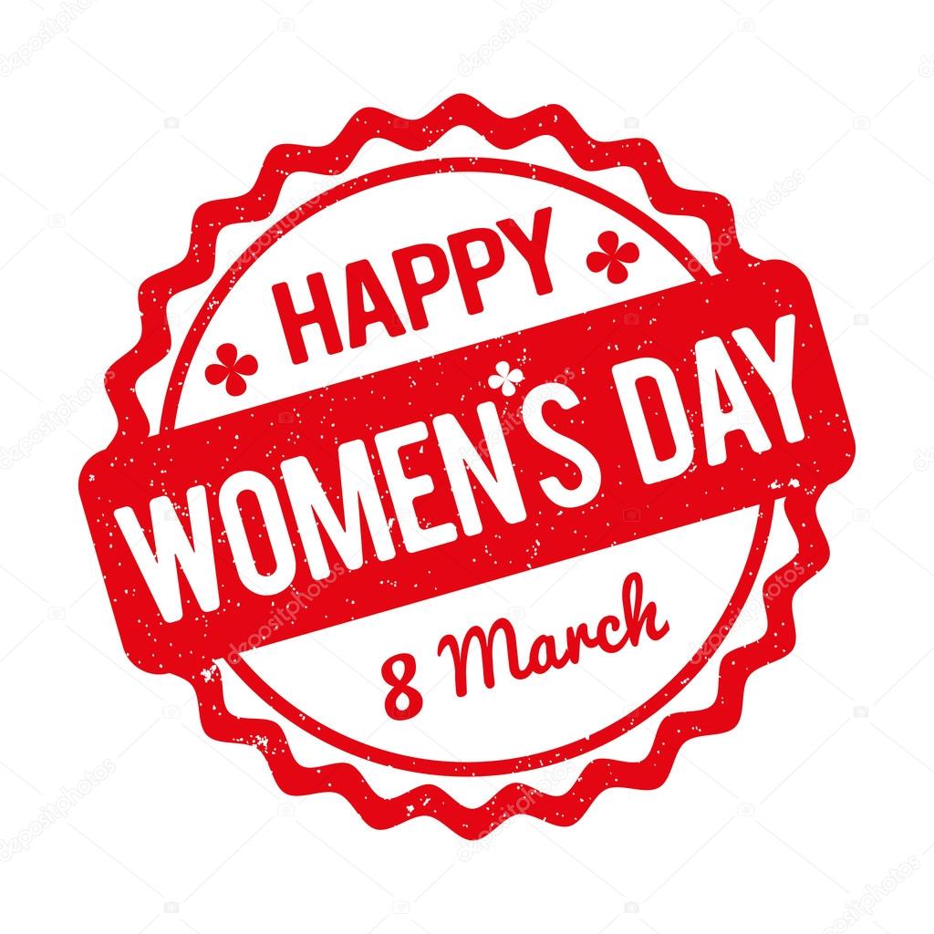 Happy Women's Day rubber stamp red on a white background.