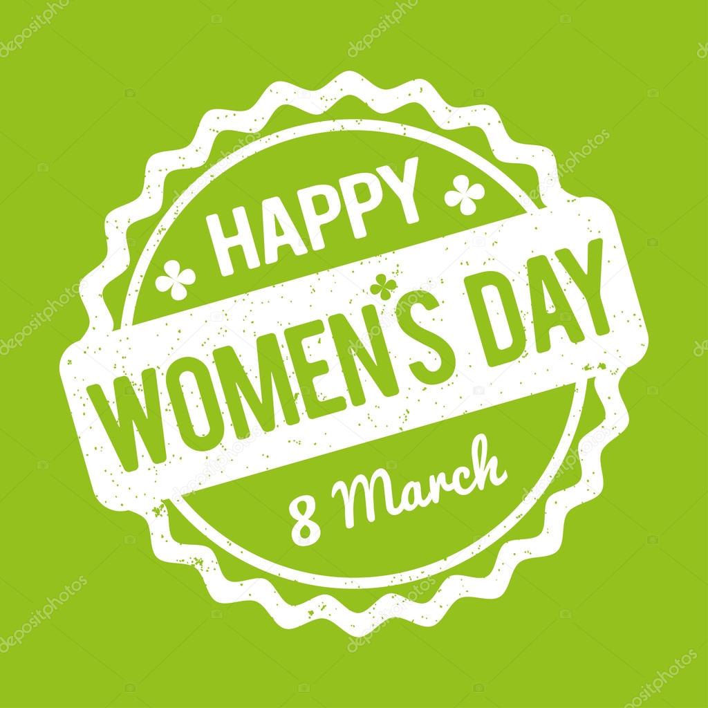 Happy Women's Day rubber stamp white on a green background.