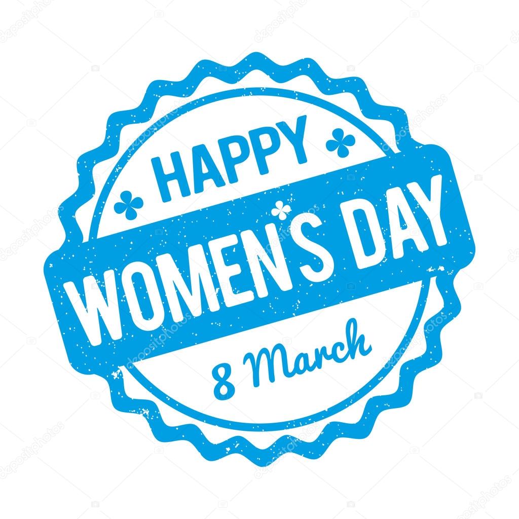 Happy Women's Day rubber stamp blue on a white background.
