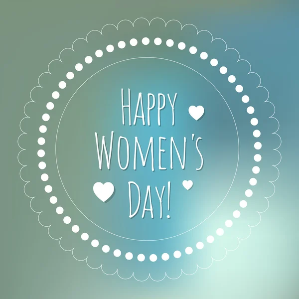 Happy Women 's Day Postcard Circle blanco sobre un fondo azul de niebla bokeh . — Vector de stock