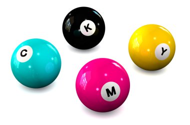 Bilardo topları beyaz bir arka planda harflerle Cmyk