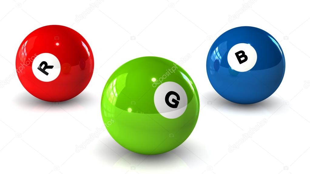 Billiard balls on a white background with letters RGB