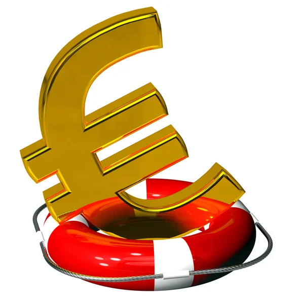 Euro símbolo de oro en la boya salvavidas pontón rojo —  Fotos de Stock