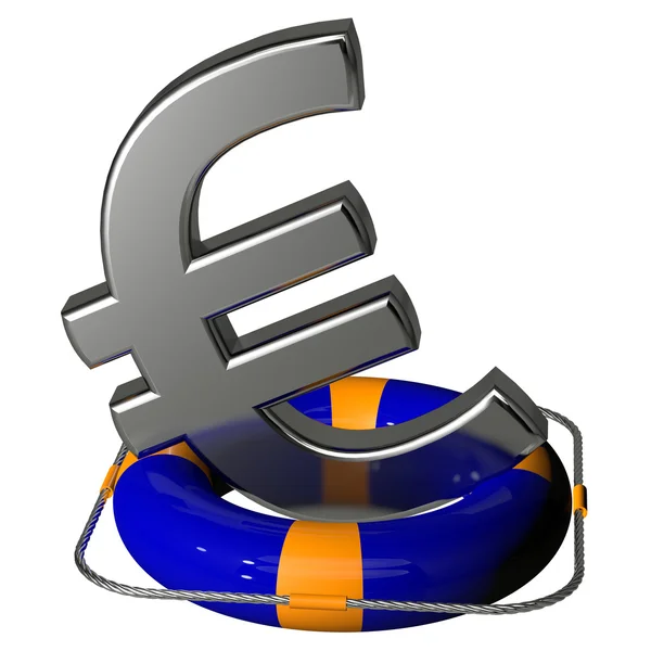 Euro-Symbol Silber auf dem Rettungsring-Ponton blau — Stockfoto