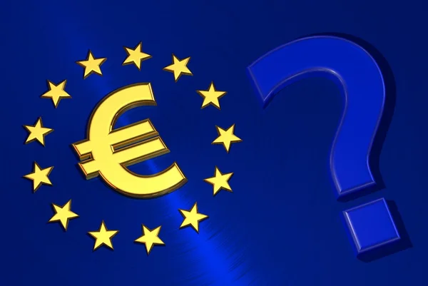 Ponto de interrogação do símbolo do euro na bandeira da União Europeia — Fotografia de Stock