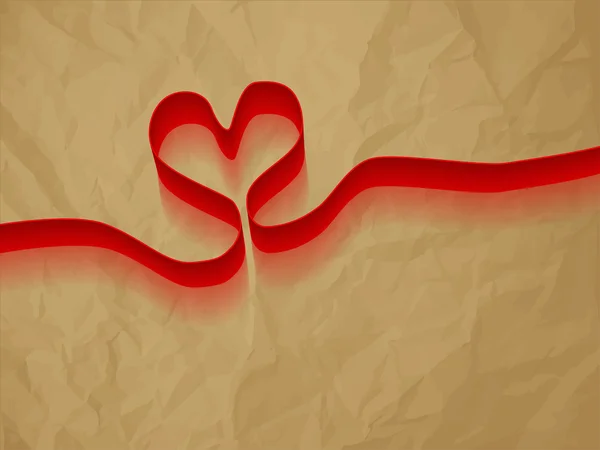 Walentynki serce wstążka czerwona zmięty papier brązowy — Wektor stockowy
