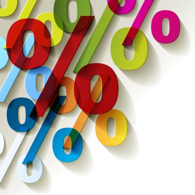 Yüzde sembolleri renkli kağıt beyaz arka plan üzerinde köşedeki şeffaf